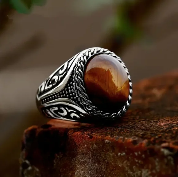 Vintage Tiger Eye Silvery Ring Bohemian Style Size 8 - Picture 1 of 17